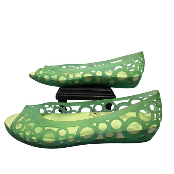 Crocs Adrina Sandals Women Shoes Jelly Flats Green Rubber Peep Toe Sz 8 - Picture 2 of 7